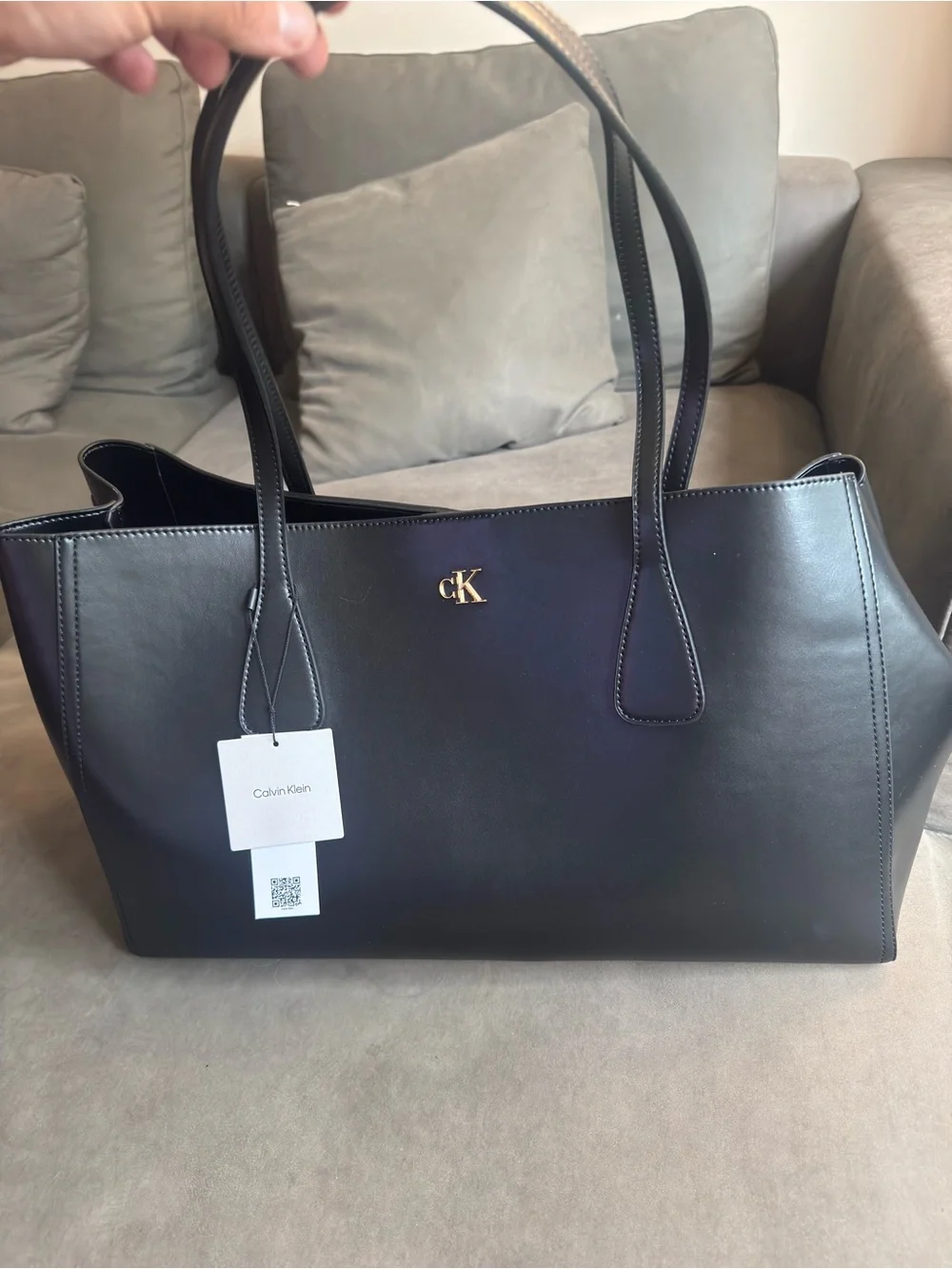 Calvin Klein Black Leather Shoulder Tote with Gold Logo